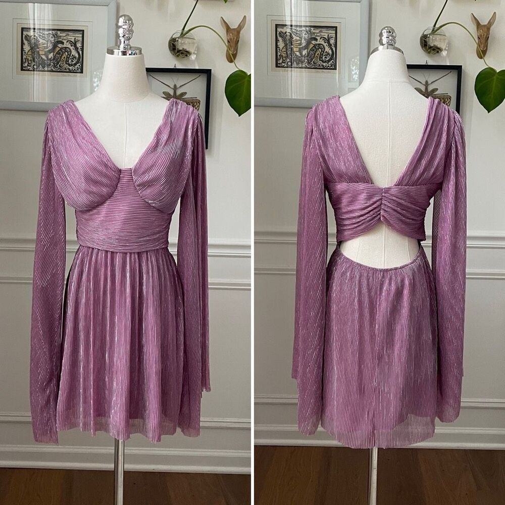 Amy Enjoy Life Mauve Pink Metallic Stripe Bell Sleeve Mini Dress XS